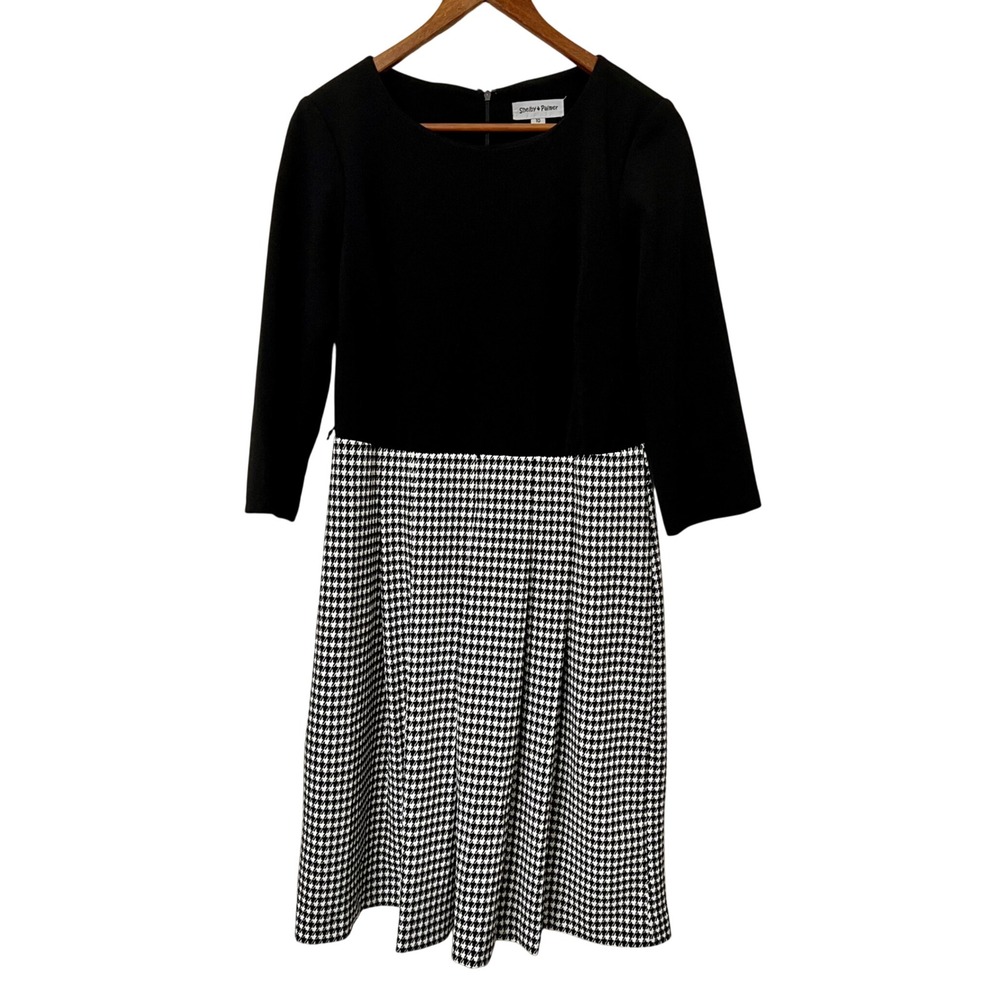 Shelby & Palmer Black Houndstooth Sheath Dress Midi 3/4 Sleeve Womens Size 10